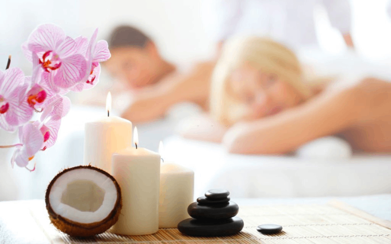 Couple is having back massage at ayurvedic spa